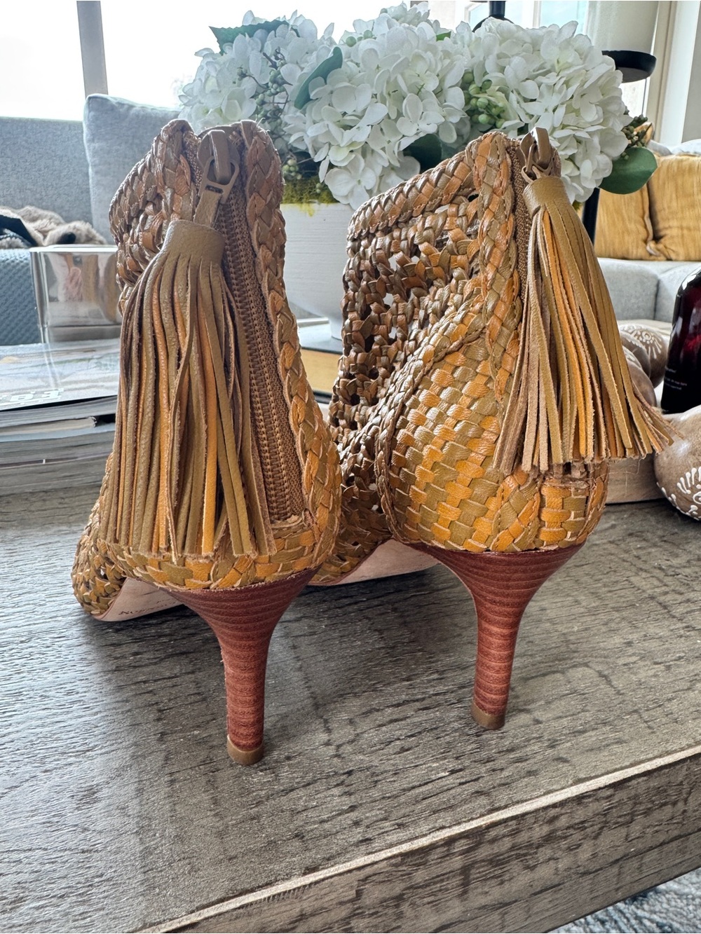 Ulla Johnson Woven Tan Leather Ankle Booties with Tassel - Picture 3 of 5